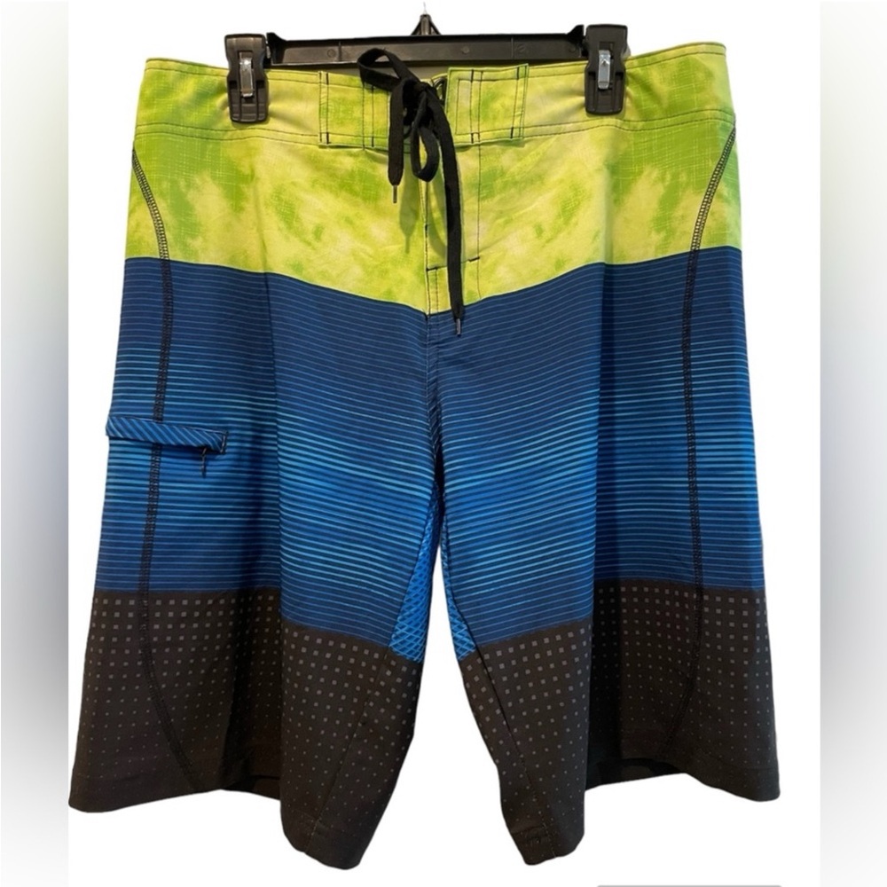 BurnSide Tie Waist Board Shorts Swim Trunks‎ Blue & Green Stripe Size 32